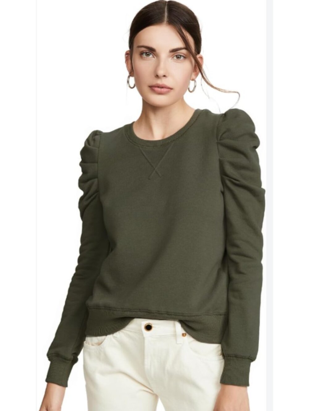 Rebecca Minkoff Janine Olive Green Puff Sleeve Sweatshirt XL